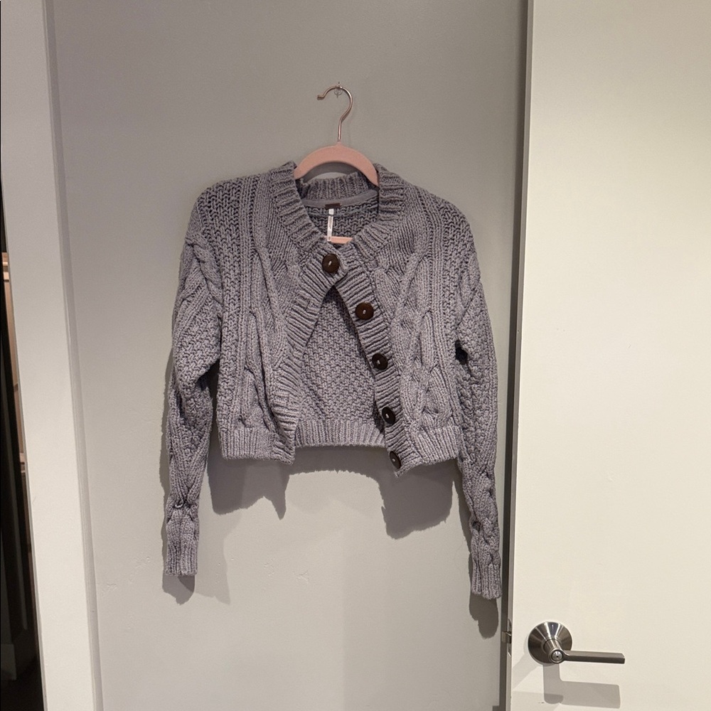 Free People Gray Button-Up Cable Knit Cardigan